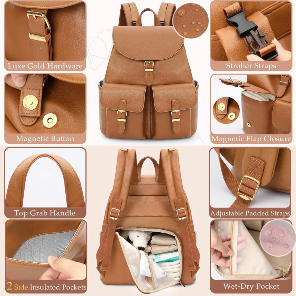 New Leather Diaper Backpack Bag with 12 Organizing Pouches,Changing Pad(brown) - Picture 6 of 14